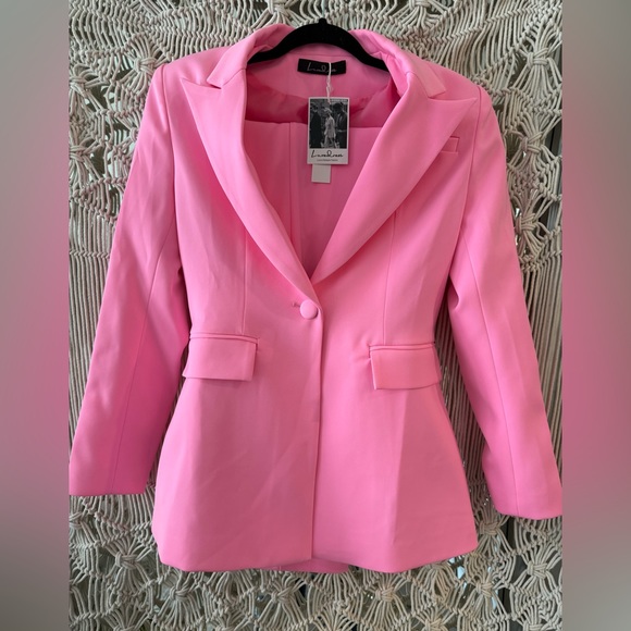 NEW! CHIC SKINNY LEG LAPEL SINGLE BREASTED TAILORED BLAZER MATCHING SET - PINK - Picture 4 of 6